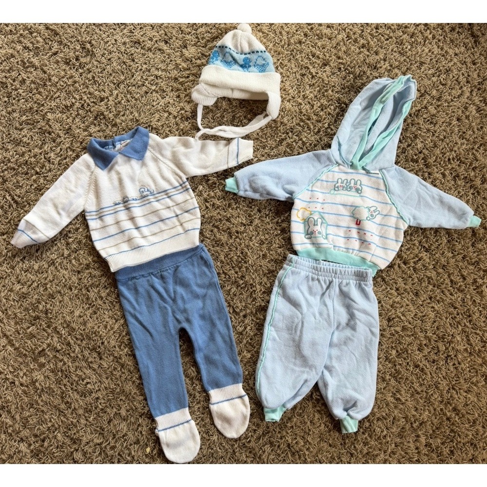 2 Vintage Baby Boy 6-9 Month Outfits Carters Bunny & Knit Footed & Knit Hat